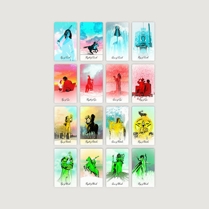 Set of colorful tarot cards on a light gray background Tarot of the Holy Spectrum Infinity Edition Holographic Mirror by Chase Voorhees, featuring colourful tarot cards, reflective holographic backs and edges, and a mirrored magnetic box.