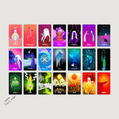 A set of 24 tarot card art prints arranged in a 4x6 grid on a light gray background. Each card features a different vibrant, stylized illustration inspired by the Rider-Waite tarot deck, showcasing a wide range of colors and mystical scenes. Tarot of the Holy Spectrum Infinity Edition Holographic Mirror by Chase Voorhees, featuring colourful tarot cards, reflective holographic backs and edges, and a mirrored magnetic box.