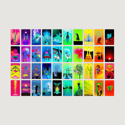 Grid of colorful tarot cards on a light gray background Tarot of the Holy Spectrum Infinity Edition Holographic Mirror by Chase Voorhees, featuring colourful tarot cards, reflective holographic backs and edges, and a mirrored magnetic box.