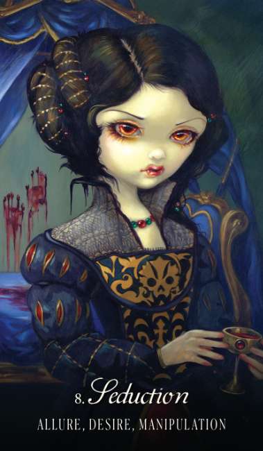 Artistic depiction of a character in an ornate dress with decorative elements, holding a glass. Les Vampires Oracle redesigned edition gothic oracle deck by Lucy Cavendish with artwork by Jasmine Becket-Griffith.