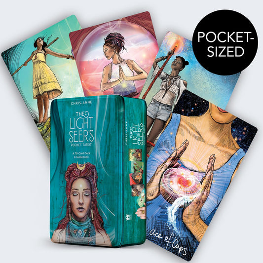 Depicting the light seers tarot pocket edition showing the tin container and 4 samples of tarot cards including the fool and the ace of cups 