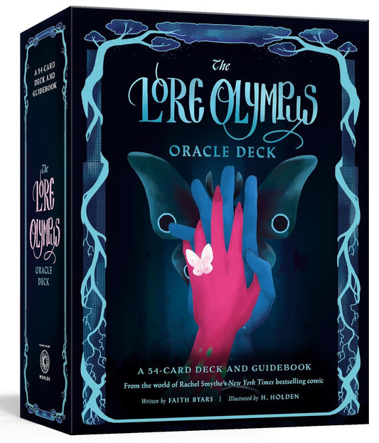 The Lore Olympus Oracle Deck packaging with a hand holding a butterfly and decorative text.  Lore Olympus Oracle deck featuring illustrated Greek mythology characters and guidebook.