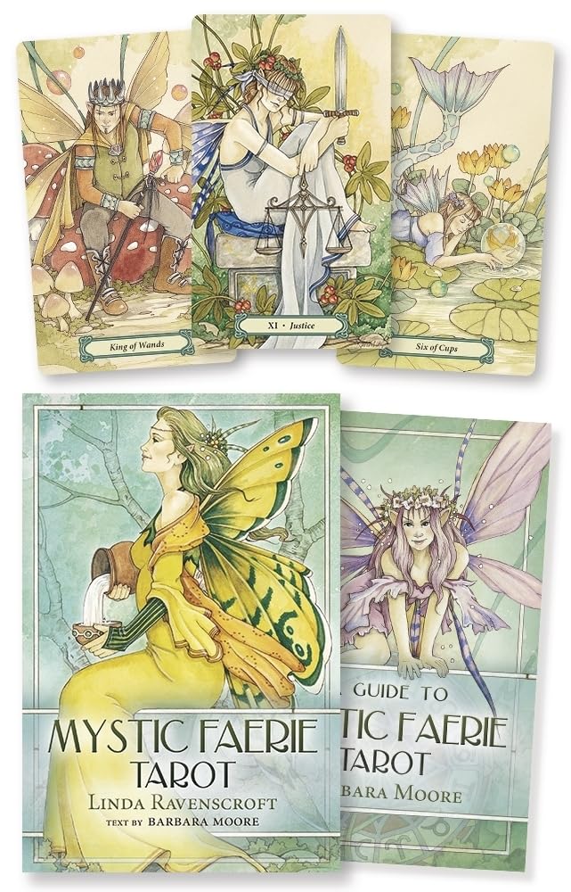 Mystic Faerie Tarot cards with a guidebook on a white background Mystic Faerie Tarot deck by Linda Ravenscroft featuring whimsical faerie themed tarot artwork.