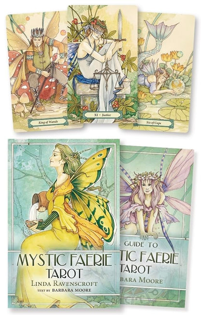 Mystic Faerie Tarot cards with a guidebook on a white background Mystic Faerie Tarot deck by Linda Ravenscroft featuring whimsical faerie themed tarot artwork.