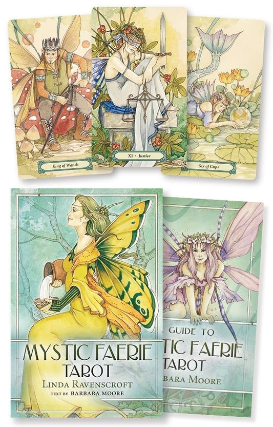 Mystic Faerie Tarot cards with a guidebook on a white background Mystic Faerie Tarot deck by Linda Ravenscroft featuring whimsical faerie themed tarot artwork.