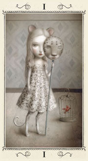Depicts a young grey haired andromorphic female. She has mouse ears tail and legs, halt hiding behind a leopard print face mask. On the floor s a cage housing a small red bird 