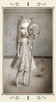 Depicts a young grey haired andromorphic female. She has mouse ears tail and legs, halt hiding behind a leopard print face mask. On the floor s a cage housing a small red bird 