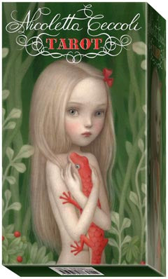 Nicoletta Ceccoli tarot Tuck box design. Shwoing Young blonde female holding a Salamander . Background shows green foliage 