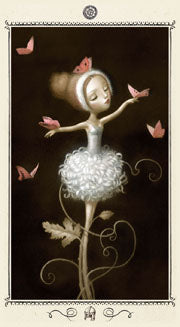 A petite ballerina on a black background surrounded by red butterflies. Nicoletta Ceccoli tarot card the knight of pentacles. Deck published by Lo scarabeo 