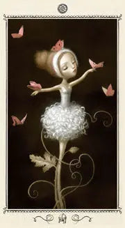 A petite ballerina on a black background surrounded by red butterflies. Nicoletta Ceccoli tarot card the knight of pentacles. Deck published by Lo scarabeo 
