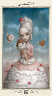 The queen of wands wearing a formal all gown made from cake and sweet treats. Holding a baby while surrounded by flying donuts , The nicoletta Ceccoli tarot published by Lo Scarabeo 