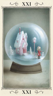 Fantasy art from artist Nicoletta Ceccoli. The world tarot card published by Lo scarabeo. The image depicts a winter scene of a pink house and streetlamps and a young girl all inside a snow globe 