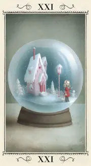 Fantasy art from artist Nicoletta Ceccoli. The world tarot card published by Lo scarabeo. The image depicts a winter scene of a pink house and streetlamps and a young girl all inside a snow globe 