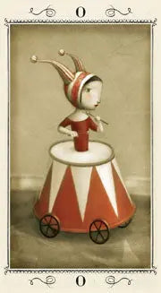Depicts the Fool tarot card- showing a jack in the box like figure upon a red and white stand with wheels 