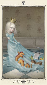 The queen of cups wears a blue formal dress with a golden crown. Her dress depicts the sea with a sail ship and mythical Loch ness type creature swimming within it 