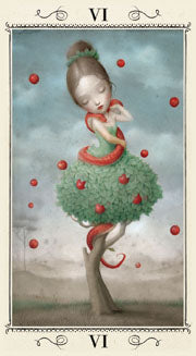 Fanasty style art from Nicoletta Ceccoli artist  The lovers tarot card showing a young female with tree tops as her dress and the trunk for legs. She is wrapped by a red snake 
