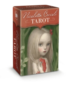 Hard two piece box, with red banner containing "Nicoletta Ceccoli Tarot" Lo Scarabeo logo . On the front of the box it shows a young blonde female holding a salamander against a backdrop of green foliage 