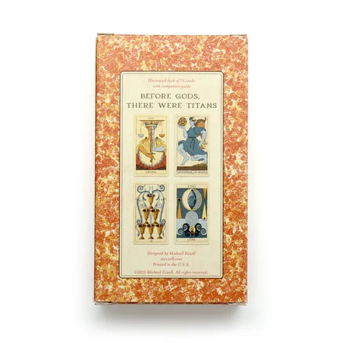 Card deck packaging with 'Before Gods, There Were Titans' text and tarot card illustrations on a white background. Set of tarot cards on a wooden surface Othrysian tarot Michael Ezzell Oneness Emporium