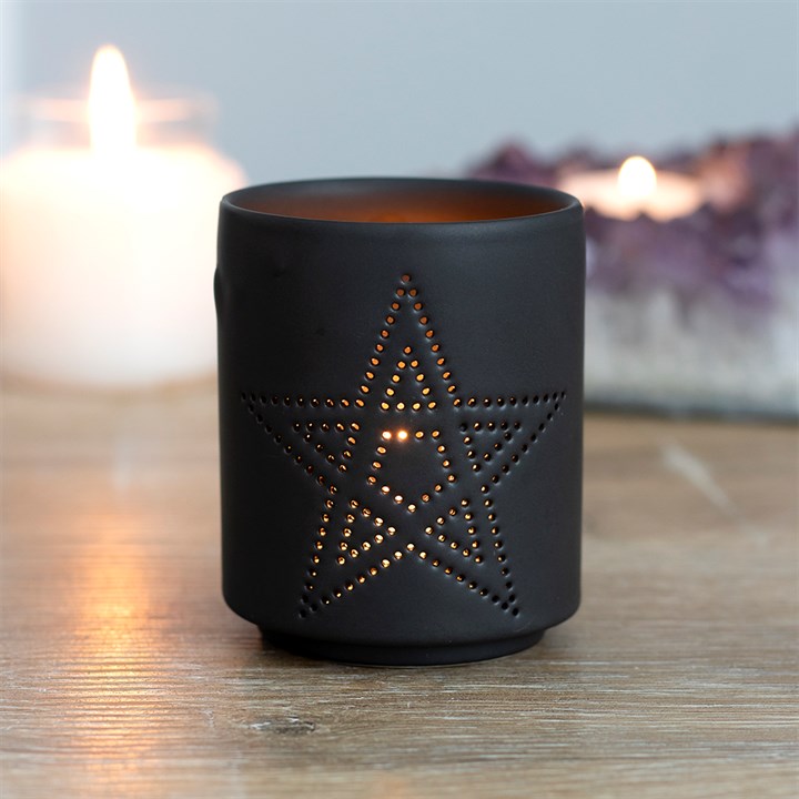 SMALL BLACK PENTAGRAM CUT OUT TEALIGHT HOLDER