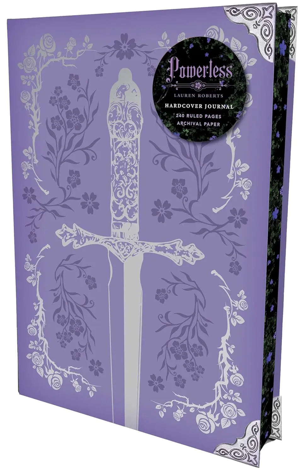 Purple book with floral design and 'Powerless' by Lauren Roberts on the cover. Stencilled edges