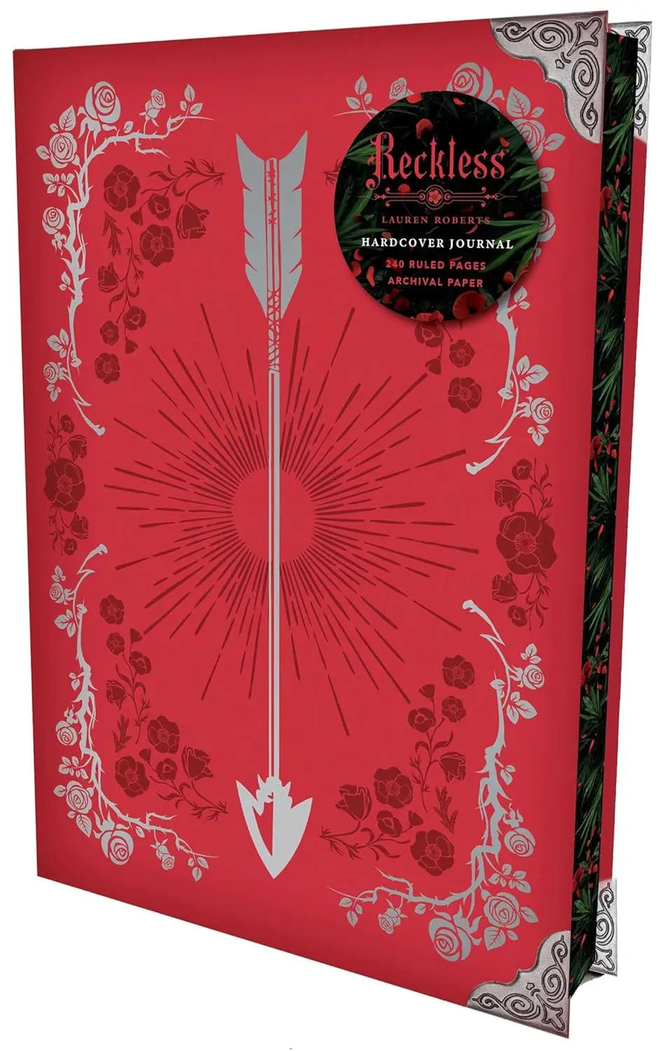 Reckless Journal, red leatherette cover with silver floral cold stamping Metal framed corners. Lauren Roberts Powerless Trilogy 