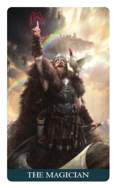 Card titled 'The Magician' featuring a figure with a rainbow and castle in the background
