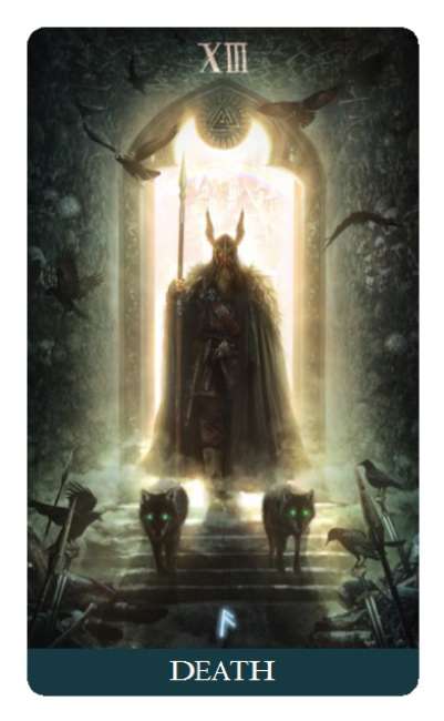 Tarot card titled 'Death' with a dark, mystical figure and text.