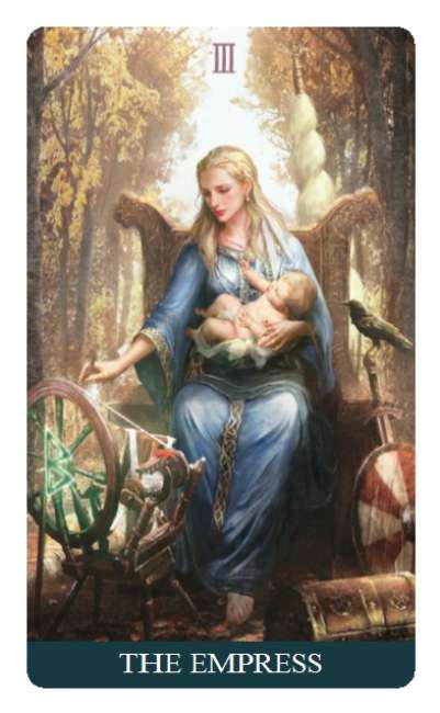 Card featuring 'The Empress' from a tarot deck with a woman holding a child in a forest setting.