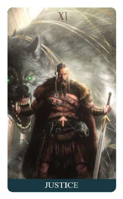 Tarot card titled 'Justice' featuring a warrior and wolf with 'XI' at the top.