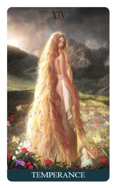 Tarot card titled 'Temperance' with a woman in a flowing dress amidst flowers and mountains.