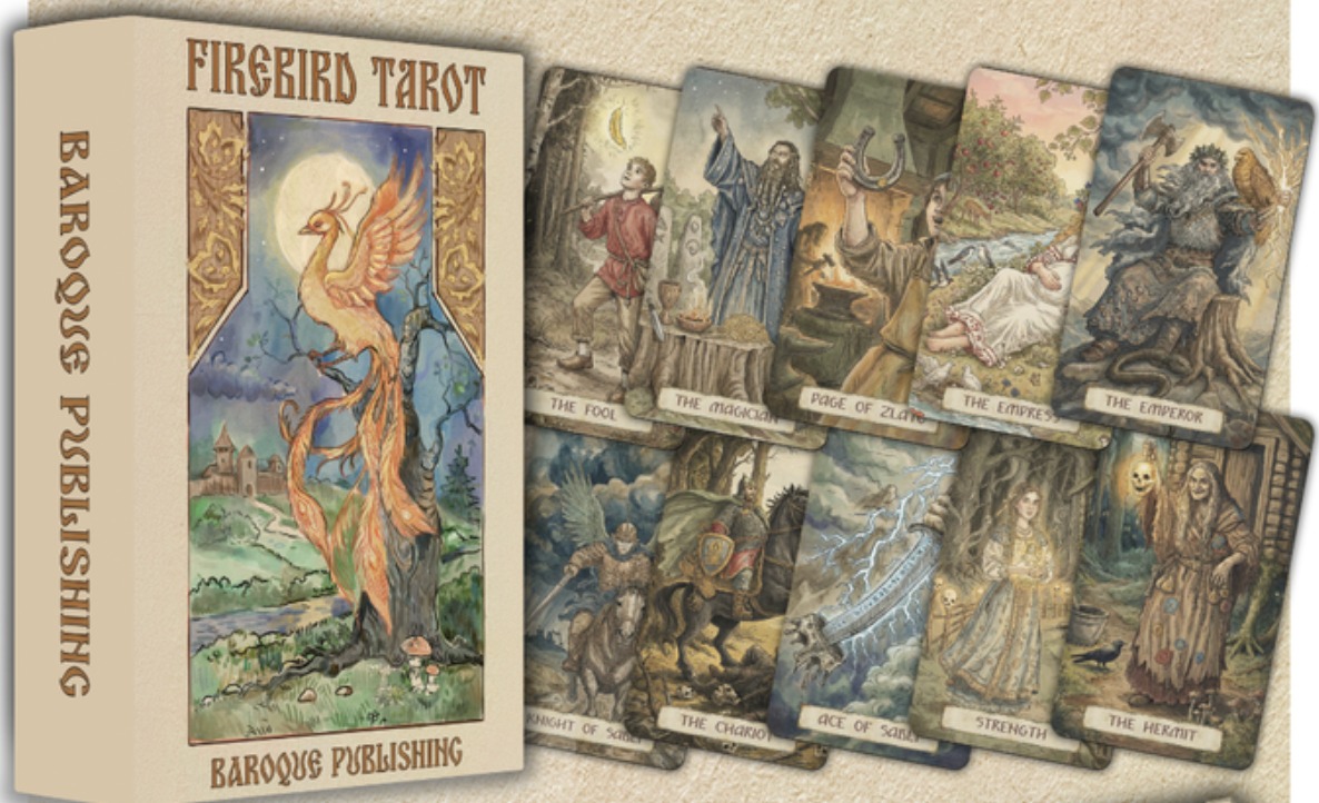 Firebird Tarot deck box and several illustrated tarot cards displayed together on a textured beige background. The box shows the title 'Firebird Tarot' and the Baroque Publishing name, with a fantasy phoenix illustration on the front.