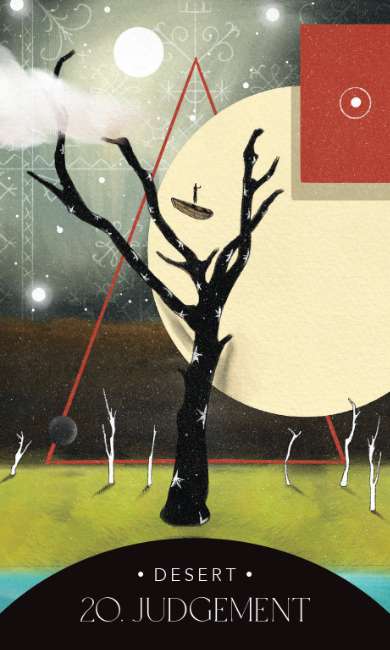 Artistic depiction of a tree with geometric shapes and celestial elements, titled 'Desert 20. Judgement'.