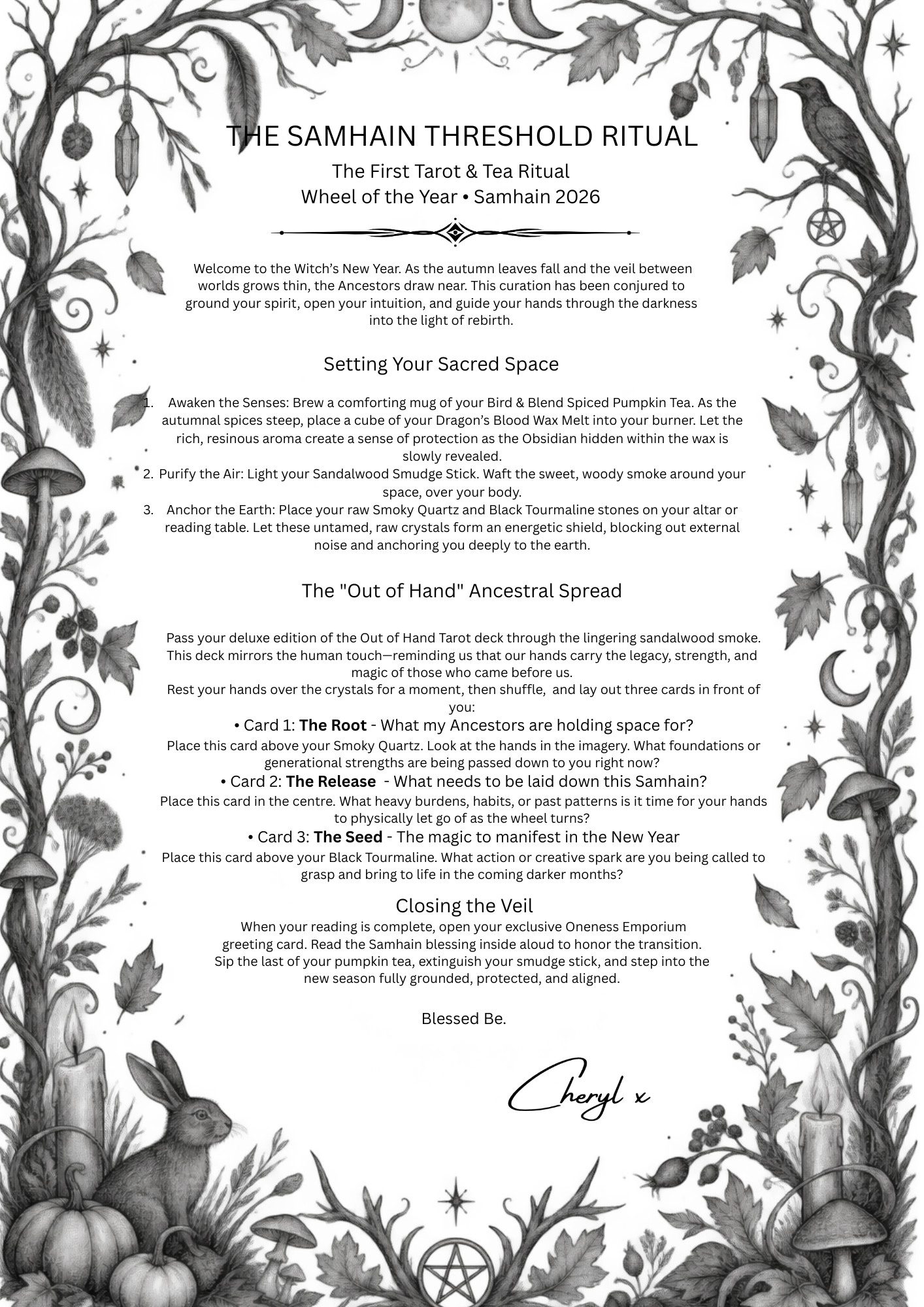 A printed ritual card sheet titled 'THE SAMHAIN THRESHOLD RITUAL' with black text on a white background and black line-art illustrations of a tree, a horn, a circle with symbols, and card illustrations along the bottom.