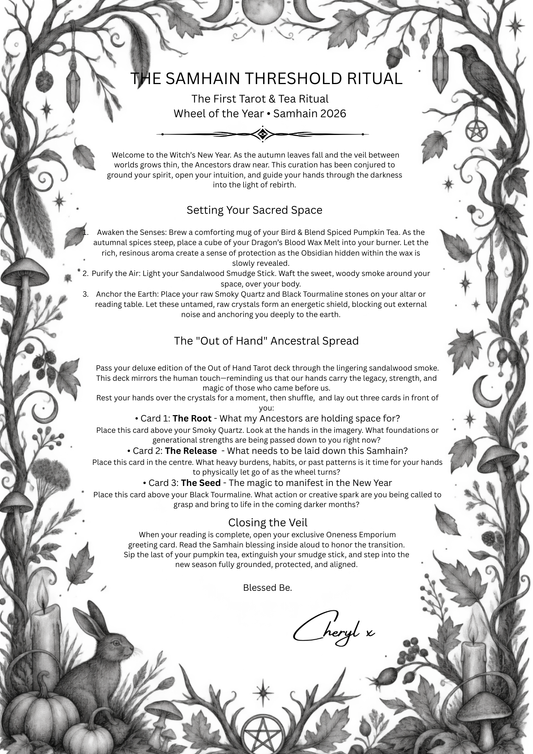 A printed ritual card sheet titled 'THE SAMHAIN THRESHOLD RITUAL' with black text on a white background and black line-art illustrations of a tree, a horn, a circle with symbols, and card illustrations along the bottom.