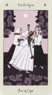 Three of cups tarot card with the title in both English and Spanish. Shows three women in headscarves and long dresses dancing in a circle holiding cups in the air in a celebratory fashion 