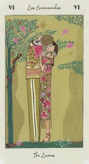 The lovers tarot card from the tarot de carlotydes deck. Published by fournier. The card depicts a man and woman in a loving embrace, the art for this card is influenced by Gustav Klimt "The Kiss"