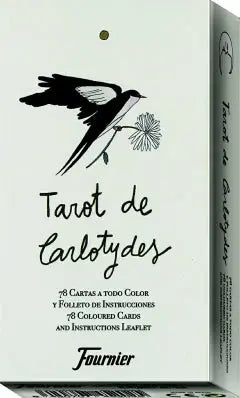 This image features the packaging of the "Tarot de Carlotydes," a deck illustrated by the Spanish artist Carlota Santos. The box is elegantly designed with a white background, adorned with a delicate black line drawing of a bird in flight, holding a branch with leaves.