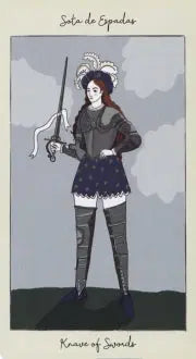 The knight of swords tarot card from the tarot of Carlotydes deck . Shows a female knight in thigh high boots holing her sword up towards the sky 