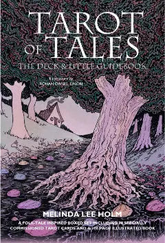 Tarot of tales front cover of box featuring pink trees in a fairytale style 