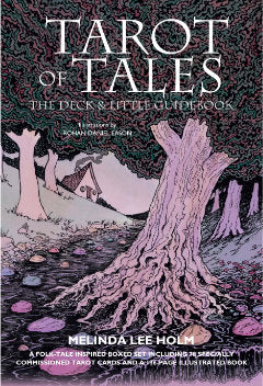 Tarot of tales front cover of box featuring pink trees in a fairytale style 