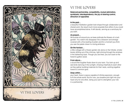 Shows a depiction of the lovers tarot card featuring a wasp in a top hat and wand drinking nectar from the dlowers. Shows how to use the card in a reading with card meanings 