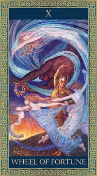 wheel of fortune tarot card from the tarot of tales and legends deck . Depicting women dancing wearing ethereal clothing 