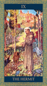 The Hermit tarot card from the tarot of tales and legends. Depicting a monk with his dog on the woods and a large castle behind them 