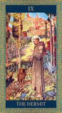 The Hermit tarot card from the tarot of tales and legends. Depicting a monk with his dog on the woods and a large castle behind them 