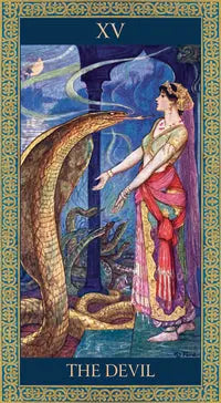 The devil card from the tarot of tales and legends deck . Featuring a princess in classical indian dress facing a large cobra snake 