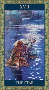 The star card from the tarot of tales and legends deck. featuring a woman and child on their knees in a moonlit river 