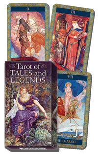 Showing the box of tarot for tales and legends by Jaymi Elford with three tarot cards 