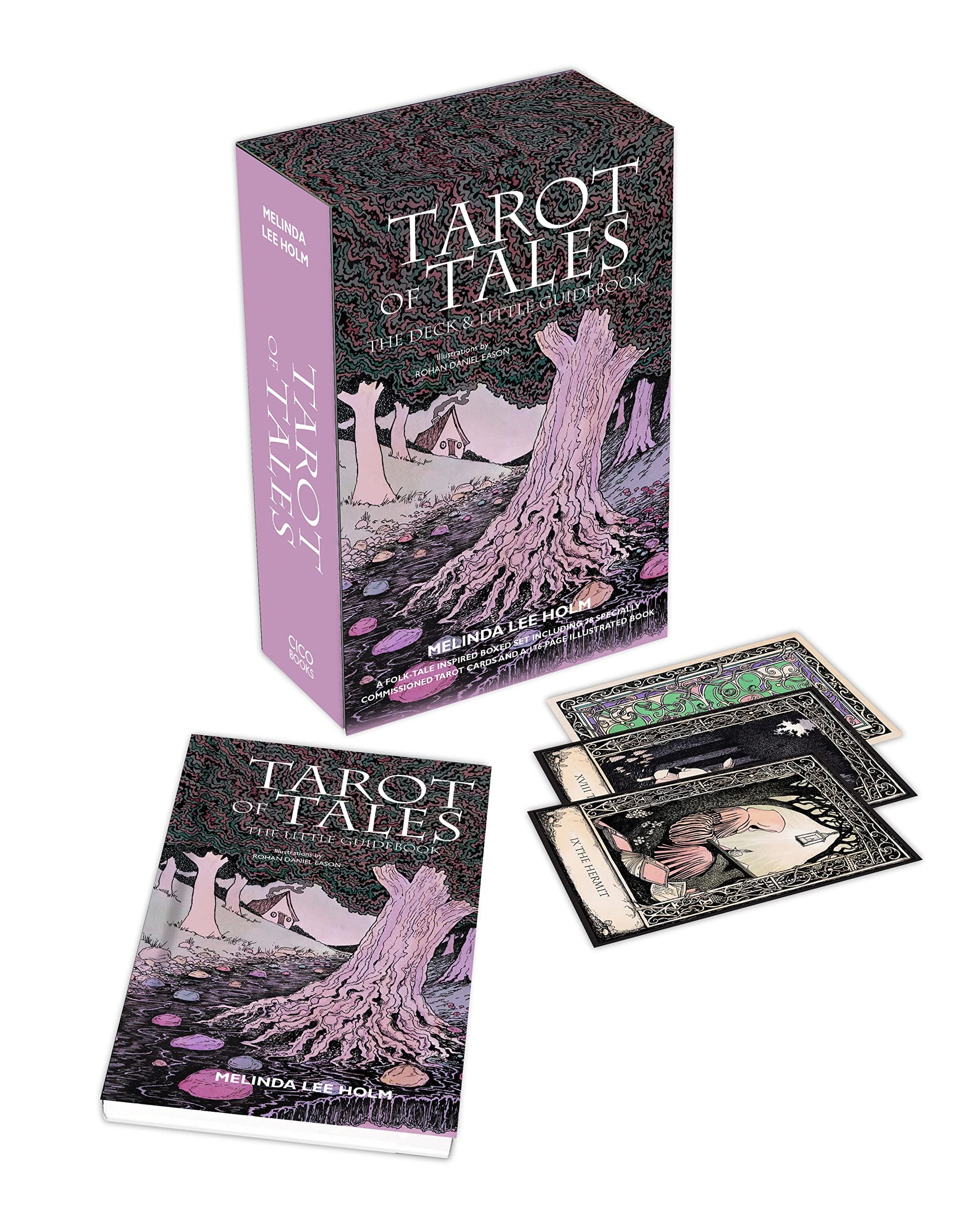 Mockup of Tarot of tales tarot deck and guidebook featuring samples of tarot deck 