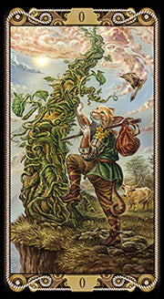 The fool card from the cat tarot deck by Lo scarabeo. Depicts a cat dressed as Jack from Jack and the beanstalk 