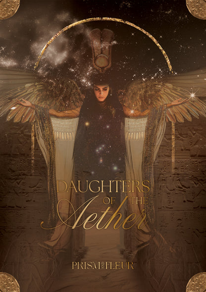Daughters of the Aether oracle deck by Paige McLeod featuring goddess-inspired artwork, Divine Feminine symbolism, and a luxury collector's box.